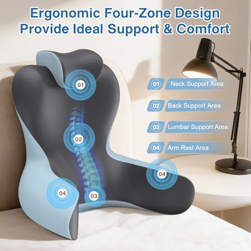 22-Inch XL Reading Pillow Bed Support with Armrests - Grey & Blue, Lumbar Backrest
