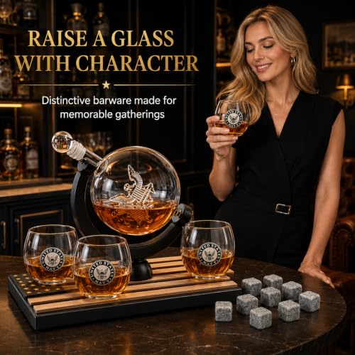 Navy Globe Whiskey Decanter Set with Glasses & Whiskey Stones - Veteran Gift