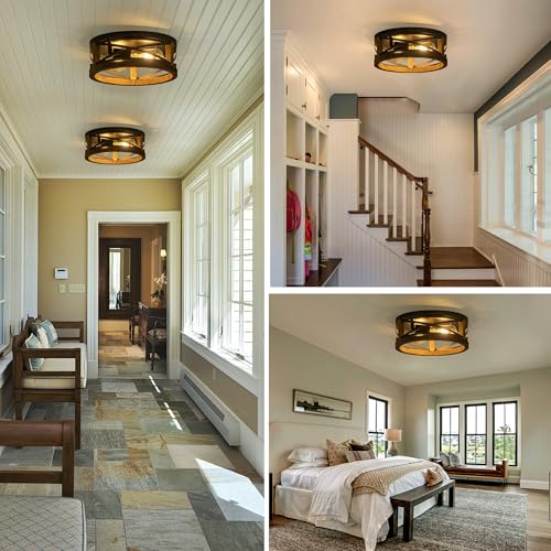 Lzglyptics Black Farmhouse Ceiling Light 2-Light Round Flush Mount Fixture