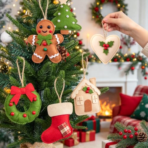 9 Pcs Handmade Reusable Felt Christmas Ornaments - Includes Gingerbread Man, Holly Heart & More (Variation: Handmade Felt Ornaments)