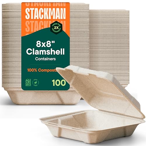 8x8 Compostable Take Out Food Containers - 100 Pack Heavy Duty Eco-Friendly