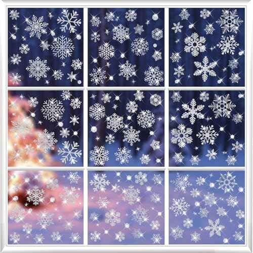 207 PCS Christmas Window Clings, Glitter Snowflake Window Clings, Christmas Window Stickers for Glass Windows, Double Sided Reusable Static Winter Clings for Christmas Window Decorations(9 Sheets)