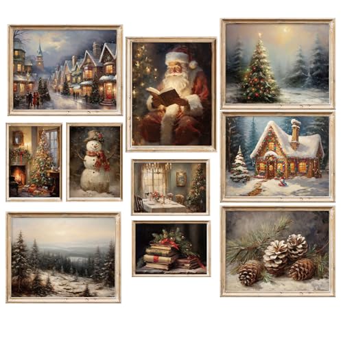 Vintage Christmas Wall Art Prints Set - Snow Scene & Santa Holiday Posters