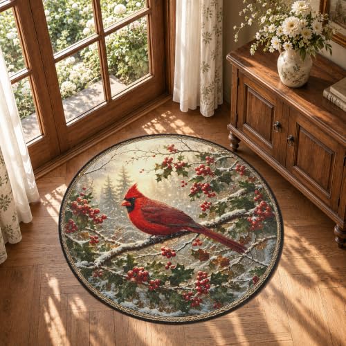 OneNewwish Multi Color Cardinal Bird Round Rug 3.3ft Washable Non Slip Bedroom Living Room Entryway Decor