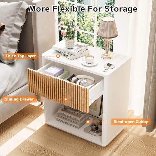 White Fluted Nightstand Set of 2 - Mid Century Bedside Tables with Drawer & Shelf