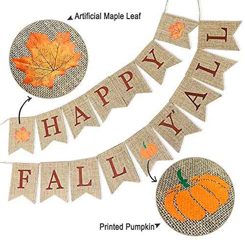 Happy Fall Yall Burlap Banner for Fireplace Thanksgiving Decor Fall Sign Mantel Autumn Rustic Maple Leaf Pumpkin Harvest Banner Autumn Hanging Decorations Wall Indoor Outdoor Office Home Back Drop