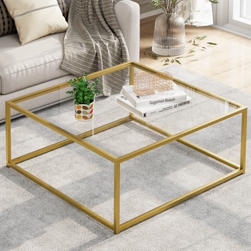 Gold 1-Tier Square Glass Coffee Table - Small Modern Living Room Center Table