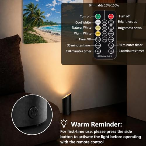 Black Wireless Indoor Uplights 2 Pack - Rechargeable Dimmable LED Spotlights with Remote & Timer