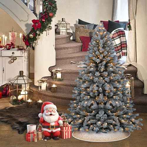 MACTING Christmas Tree Skirt 23 Inch Small Tree Skirt with Glitter Snowcapped Printed Mini Burlap Tree Mat Cover for Christmas Holiday Party Home Indoor Xmas Decorations