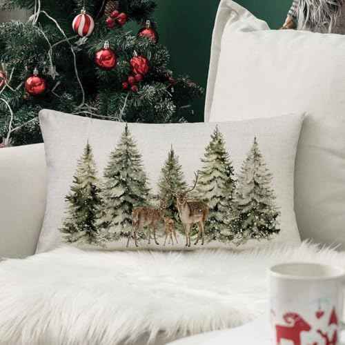 AOFANGGO Christmas Pillow Covers 12x20 Inch Winter Forests Throw Pillow Cover Xmas Pine Trees Woods Holiday Pillowcase Decorations for Living Room Farmhouse Cushion Case Rectangle