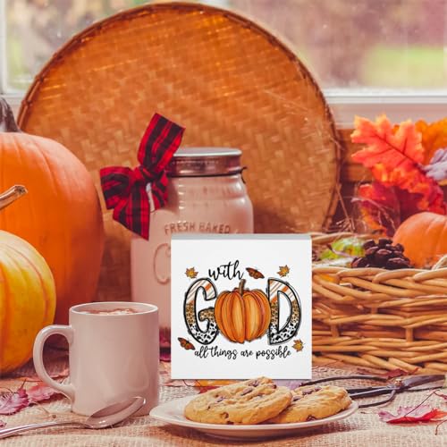 Fall Decor With God All Things Are Possible Christian Pumpkin Western Bible Verse Wooden Box Sign Positive Leopard Farmhouse Desk Decoration Rustic Thanksgiving Harvest Autumn Leaves Decor for Home Office