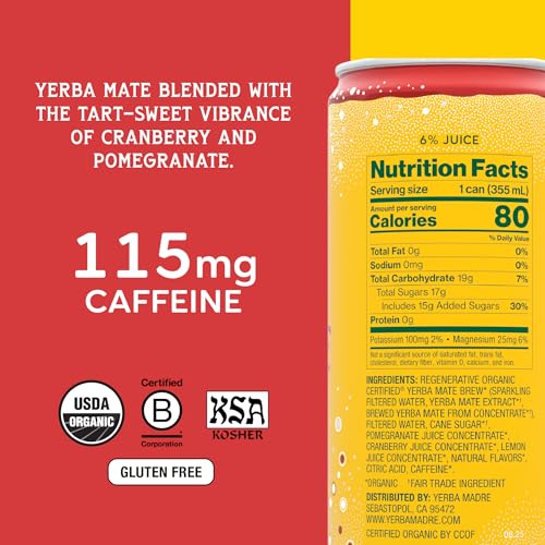 Sparkling Cranberry Pom Yerba Mate Drink - Organic, 12oz Cans Pack of 12