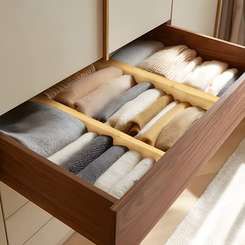 VaeFae 6 Pack Bamboo Drawer Dividers 4 Inch High, Adjustable 16.6-21.8 Inch for Kitchen, Bedroom, Bathroom, Office Storage