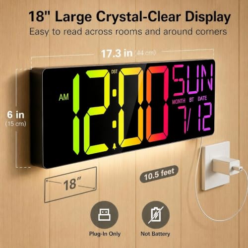 White 18-Inch Digital Wall Clock with Jumbo 5.4-Inch Numbers, RGB Lights & Temperature
