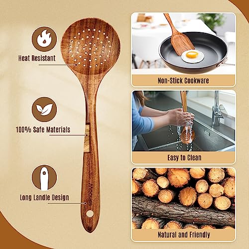 Mooues Wooden Cooking Utensils Set - Natural Teak Kitchen Tools, 10 Pieces