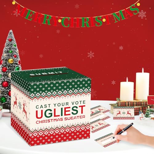 Christmas Ugly Sweater Contest Ballot Card Box, Voting Cards Box Set with 50 Voting Cards, Ugliest Sweater Contest Ballot Box for Game & Party Supplies, Holiday Xmas Games Party Decorations