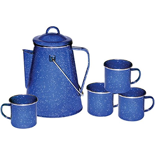 Enamel Percolator Coffee Pot & 4 Mug Set - Blue, 8 Cup Camping & Cabin