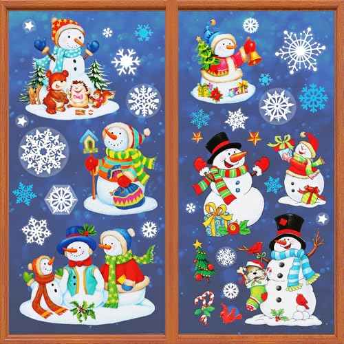 6 Sheets Christmas Window Clings Double-Sided Snowman & Snowflake Decorations for Glass Windows Reusable Snowman Christmas Window Stickers for Glass Peel & Stick Holiday Decals for Home Party Decor