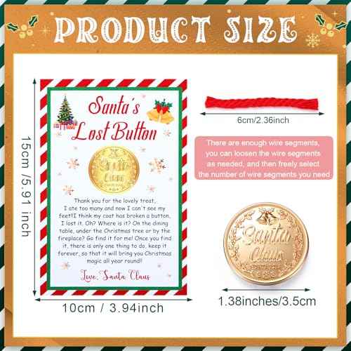 Daifunli Santa's Lost Button Set, Extra Large 1.38 Inch Diameter Alloy Santa Claus Missing Button with 3.9 x 5.91 Inch Express Letter and Red Thread Evidence Kit for Christmas Morning(Gold)
