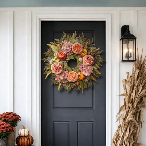 24 Inch Fall Artificial Hydrangea Pumpkin Wreath for Front Door Decor