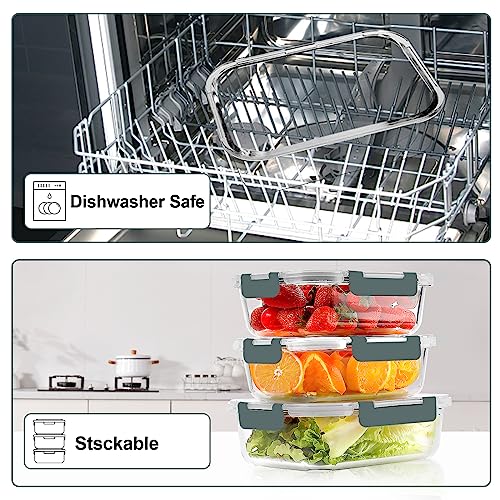Grey Glass Meal Prep Containers Set with Airtight Locking Lids - 10 Pack