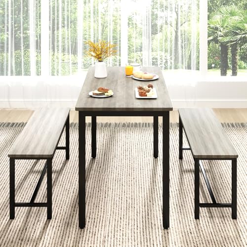 Light Grey 43-Inch Dining Table Set with 2 Benches for 4, Modern Space-Saving Kitchen Furniture