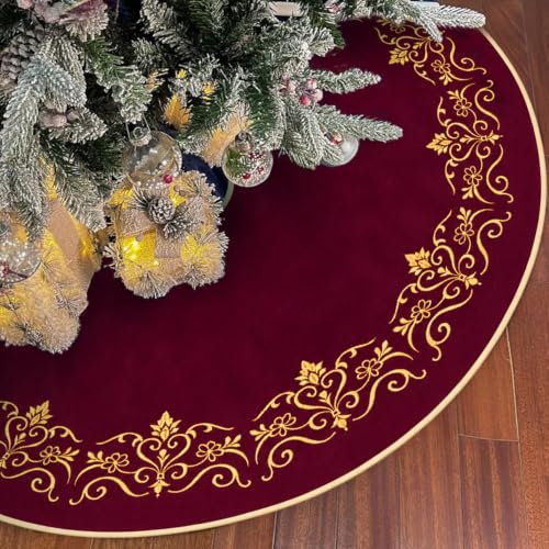 Scritism Burgundy Velvet Christmas Tree Skirt 36 Inch with Gold Embroidery