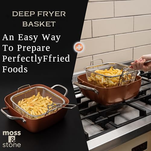 Moss & Stone Copper 5-Piece Deep Fry Pan Set with Fry Basket & Steamer, 5 Qt
