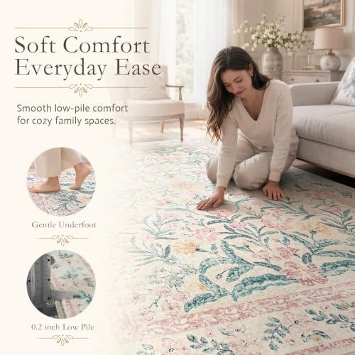 5' x 7' Pink Nursery Rug for Girls Bedroom - Washable Boho Floral Non-Slip Floor Carpet