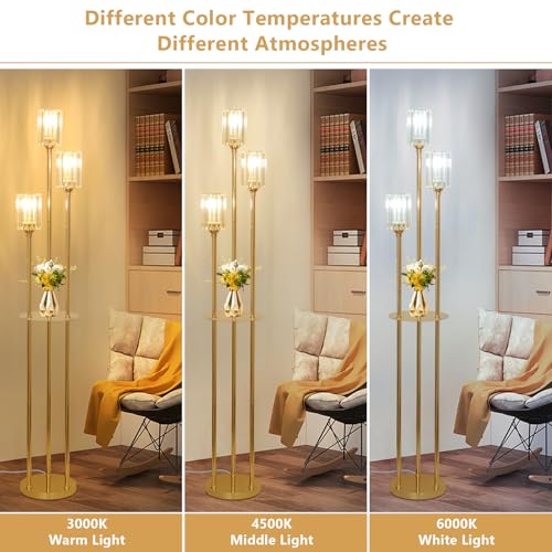 Gold Floor Lamp with Shelves - Modern Crystal Standing Lamp with Table and On/Off Switch