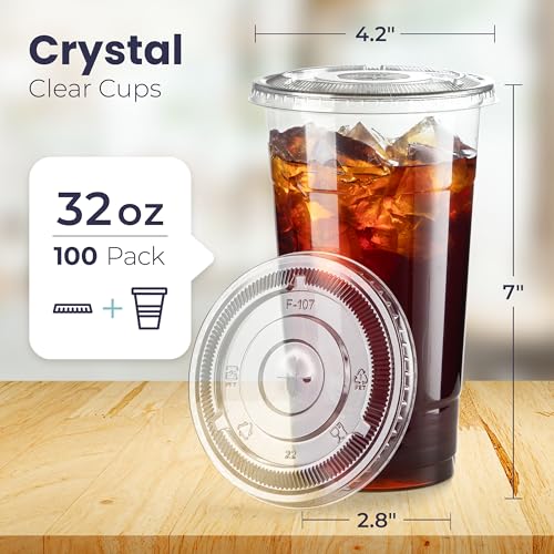 Fit Meal Prep 32 oz Disposable Clear Plastic Cups with Flat Lids 100 Pack