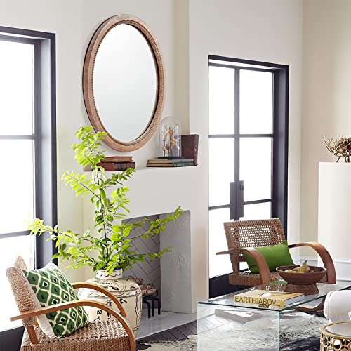 24-Inch Rustic Wood Circle Farmhouse Wall Mirror - Boho Bathroom Decor, Nature Finish