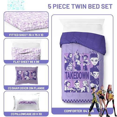 KPOP Demon Hunters Twin Comforter Set 5 Piece Kids Bedding Purple - Officially Licensed