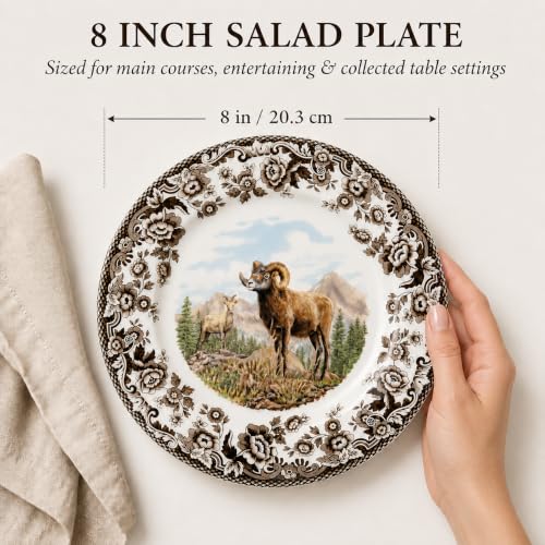 Spode Woodland Bighorn Sheep Salad Plate 8" - British Flowers Border, Rustic Game Animal, Made in England