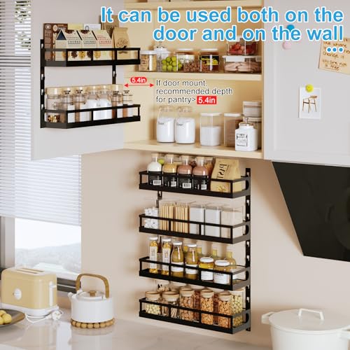 Wall-Mounted Spice Rack Organizer - 6-Tier Adjustable Shelves with Mixed Baskets - Black / 6x 4.6"D