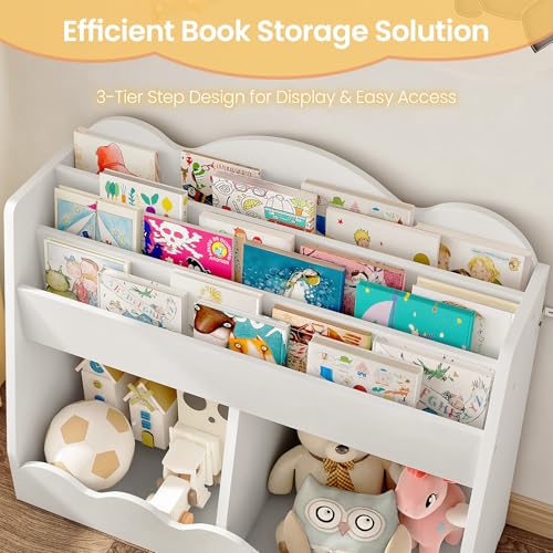 Kids Cloud Bookcase & Toy Storage - White Kids Room Organizer with 2 Toy Bins