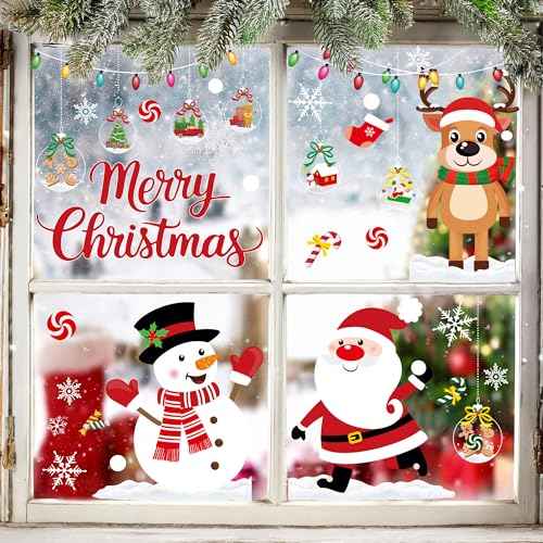 4 Sheets Christmas Window Clings Santa Reindeer Snowman Snowflake Window Decals Large Merry Christmas Windows Stickers Double Sided Xmas Windows Decorations for Xmas Home Office School Party Decor
