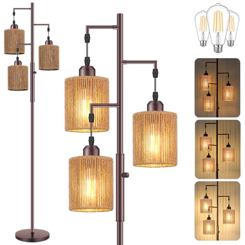72-Inch Boho Rattan Tree Floor Lamp - Brown, Dimmable Standing Lighting with Oil-Rubbed Bronze + Light Brown Variation