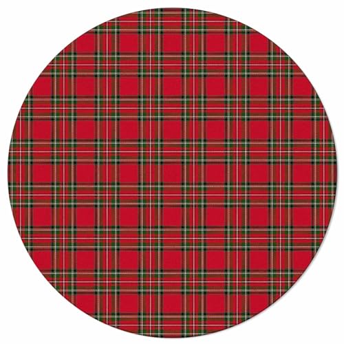 LooPoP 6ft Christmas Round Area Rug Red Green Plaid Non-Slip Indoor Outdoor Decor