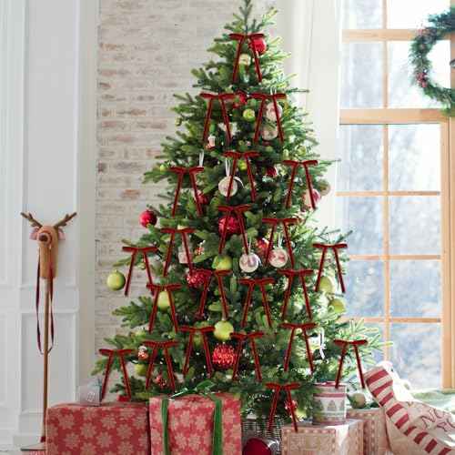 50 Pcs Velvet Christmas Bows for Christmas Tree, 3/8 Inch Width Velvet Christmas Bows, Velvet Ribbon Wreath Bows for Christmas Tree Home Decor Indoor Outdoor Decoration (Burgundy Red)