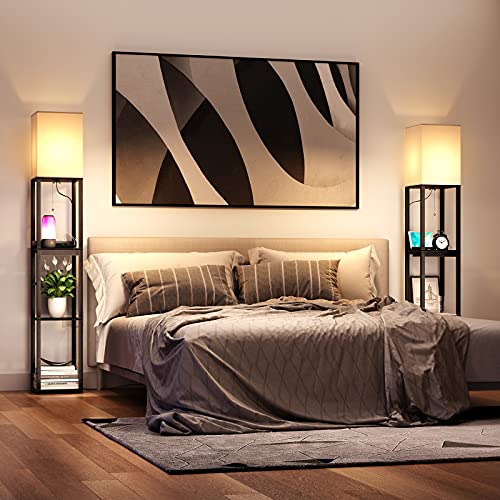 SUNMORY Black Floor Lamp with Shelves and Drawer, Solid Wood with USB & Power Outlets