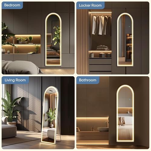 White Arched LED Full Length Floor Mirror 60x16 Inch Modern Full Body Wall Mirror