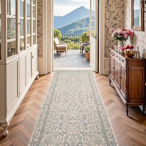 Jinchan Blue/Cream 3x10 Washable Floral Hallway Runner Rug Non-Slip