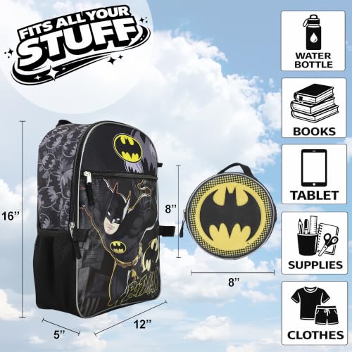Grey Batman Symbol Backpack Accessory Set for Boys - 5-Piece with Lunch Kit & Keychain