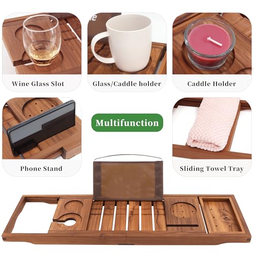 VaeFae Teak Bathtub Tray Expandable Wooden Tub Caddy Non-Folding - Teak Wood