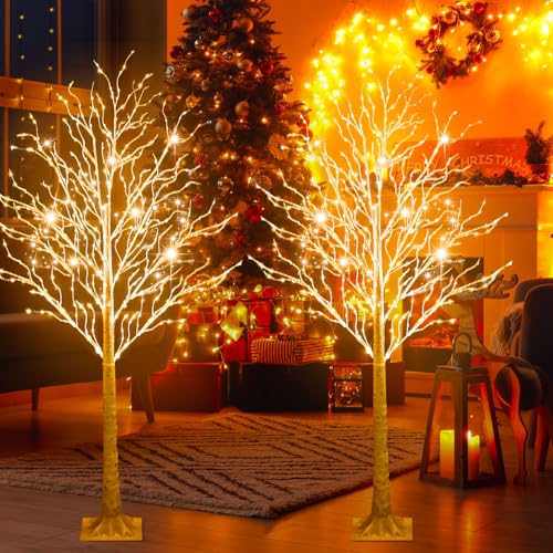 Aurelema 2 Pcs 5ft Lighted Birch Tree with 400 LEDs Warm White - 8 Modes, Timer