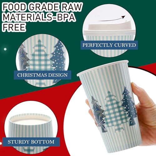 Tamone 100 Pack 16OZ Christmas Disposable Coffee Cups with Blue Tree Lids