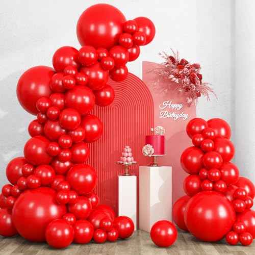 RUBFAC 135pcs Red Balloons Different Sizes 18 12 10 5 Inch for Garland Arch, Latex Christmas Balloon for Birthday Party Wedding Decorations