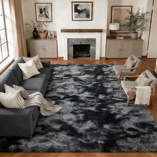 Extra Large Fluffy Tie-Dyed Dark Grey Area Rug 9x12 - Non-Slip Living Room