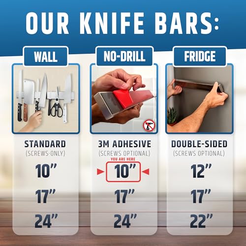 10-Inch No-Drill Magnetic Knife Holder - Strong Adhesive Wall Bar - Stainless Steel - Upgraded Version